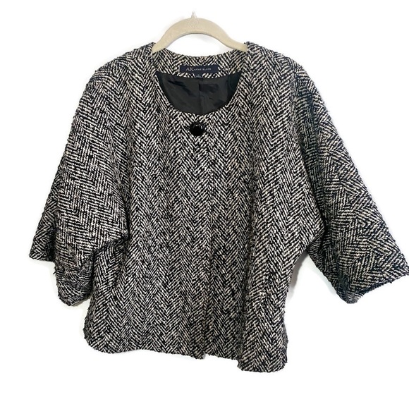 Anne Klein Elegant Black & White Tweed 3/4 sleeve Cropped Swing Lined Jacket, 10 - Picture 3 of 16